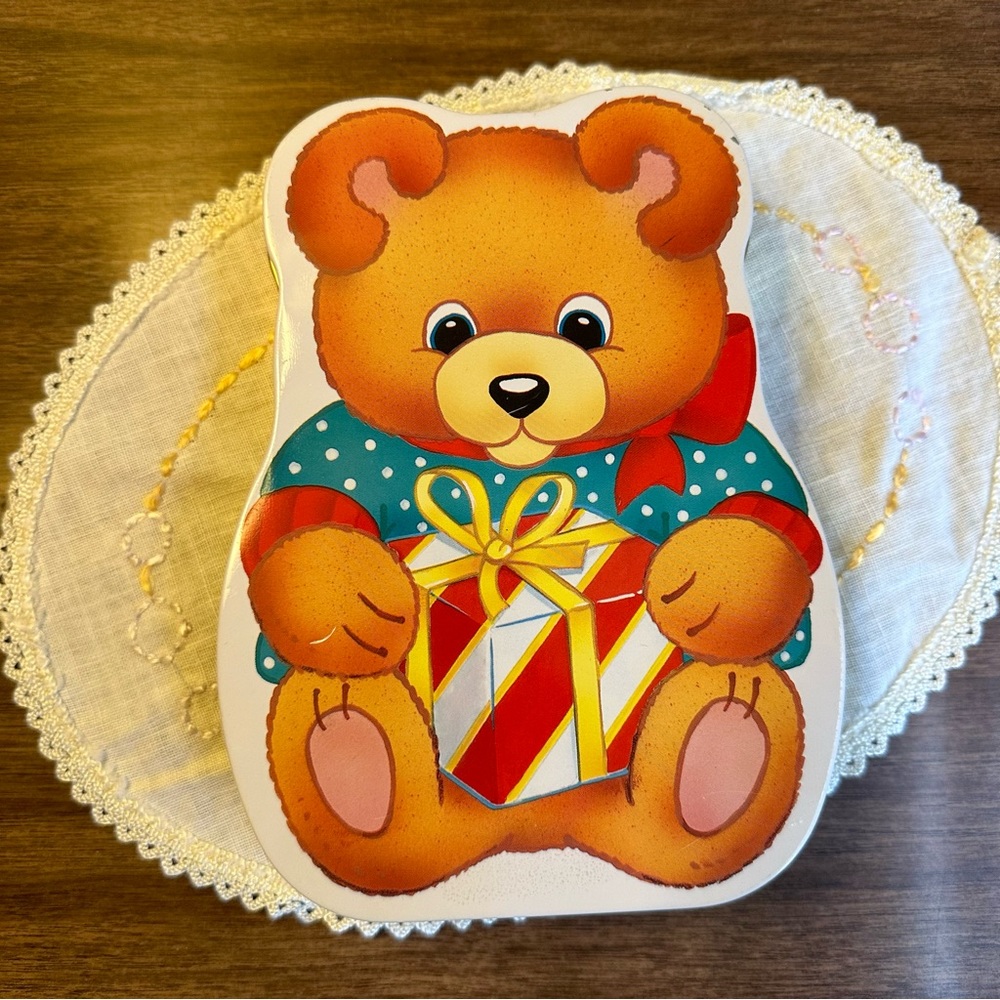 Vintage Teddy Bear Holding a Red Striped Gift Shaped Cookie Tin
